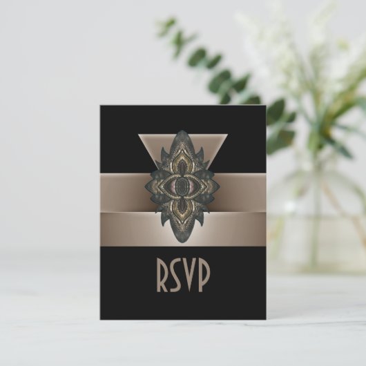 Uitnodiging Zwart Goud Beige Art Deco RSVP (Staand voorkant)
