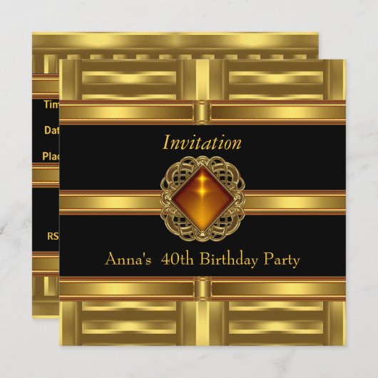 Uitnodiging zwart goud op Gold 40e verjaardag (Voorkant / Achterkant)