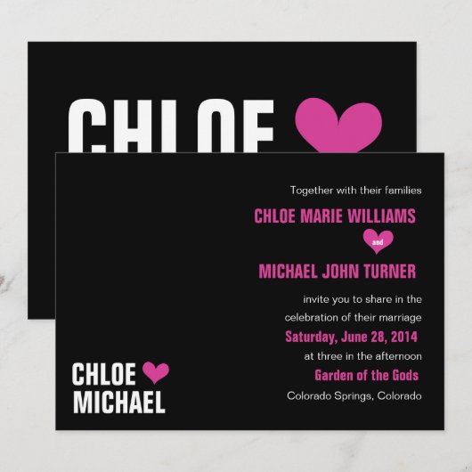 Uitnodiging - Zwart met roze harten (Voorkant / Achterkant)