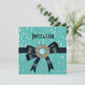 Uitnodiging zwart, ultraBlauwgroen juwelen (Staand voorkant)