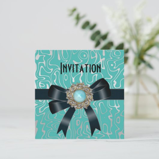 Uitnodiging zwart, ultraBlauwgroen juwelen (Staand voorkant)