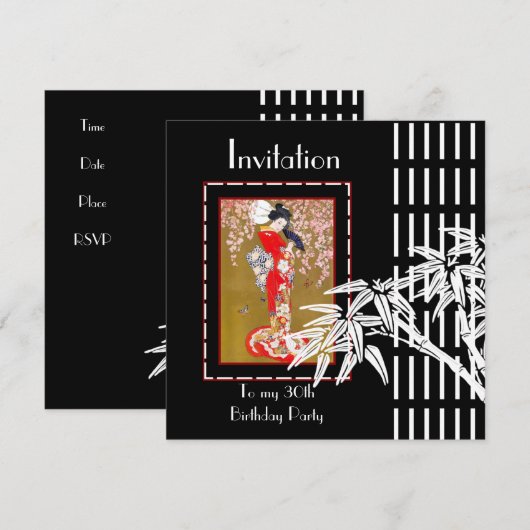 Uitnodiging Zwart Wit Aziatische Bamboe (Voorkant / Achterkant)