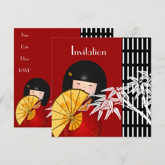 Uitnodiging Zwart Wit Aziatische Bamboe (Voorkant / Achterkant)