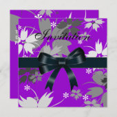 Uitnodiging Zwarte Bow Paarse Floral (Voorkant / Achterkant)