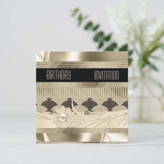 Uitnodiging zwarte dag - lichte gouden kunst Deco (Staand voorkant)