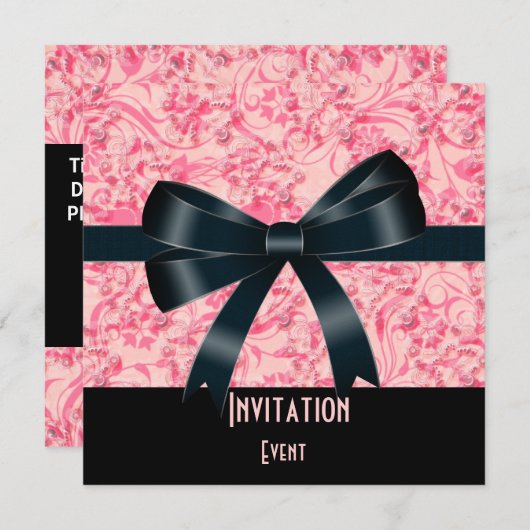 Uitnodiging zwarte roze vlinderboeg (Voorkant / Achterkant)