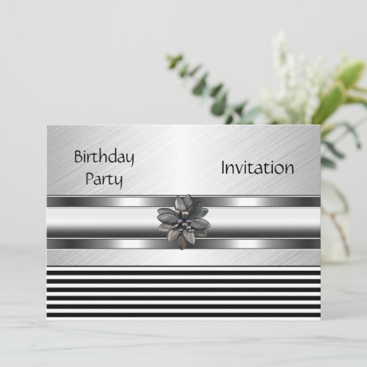 Uitnodiging Zwarte Stripe Birthday Partij (Staand voorkant)