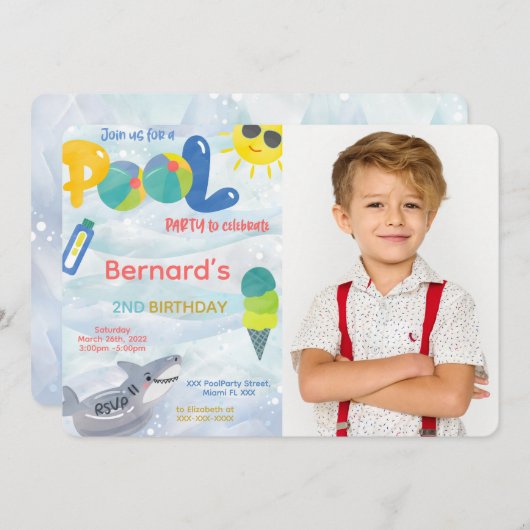 Uitnodiging zwembad foto jongen (Voorkant / Achterkant)