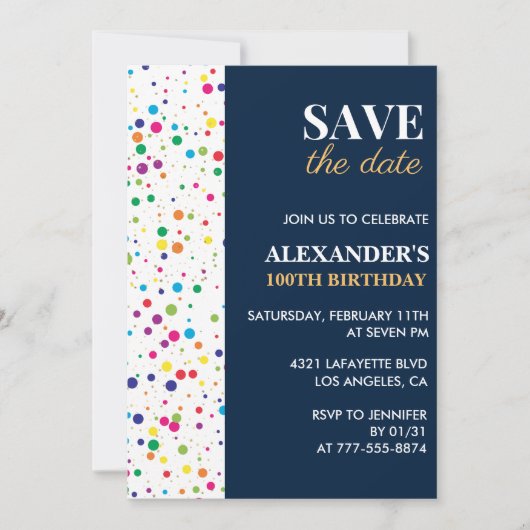 Uitnodigingen 100e verjaardag Save the date Confet (Voorkant)