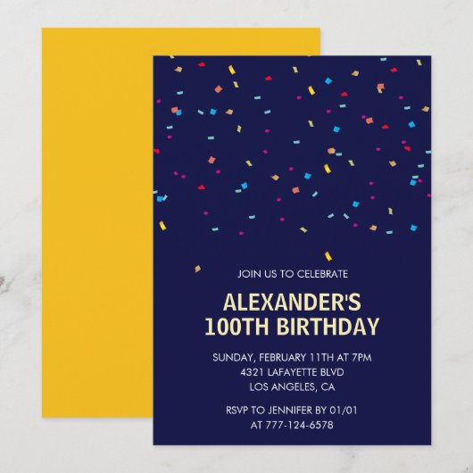 Uitnodigingen 100ste verjaardag Heren Confetti Mod (Voorkant / Achterkant)