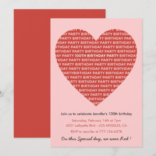 Uitnodigingen 100ste verjaardag Modern Rood Roze (Voorkant / Achterkant)