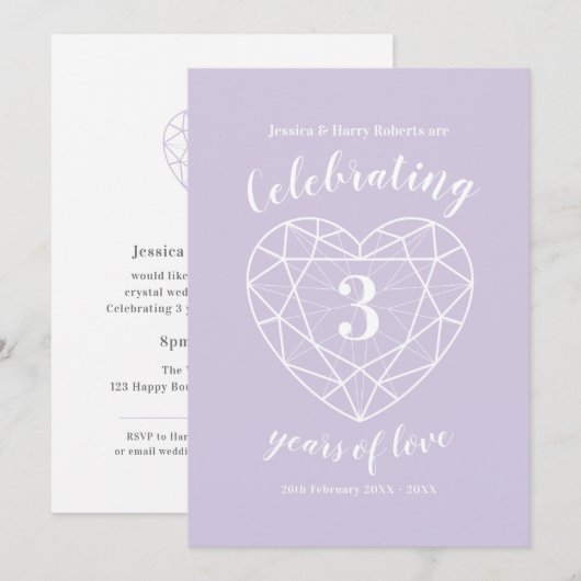 Uitnodigingen 3 jaar kristallen huwelijksjubileum (Voorkant / Achterkant)