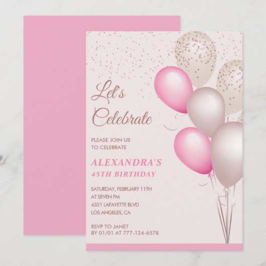 Uitnodigingen 45e verjaardag Ballonnen Roze Confet (Voorkant / Achterkant)