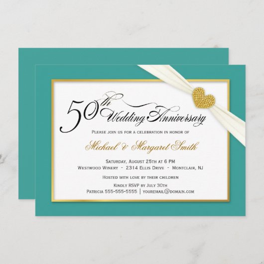 Uitnodigingen 50-jarig jubileum - groenblauw en go (Voorkant / Achterkant)