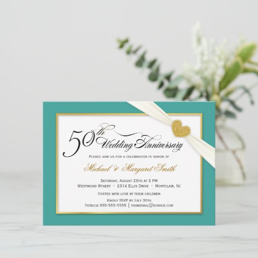 Uitnodigingen 50-jarig jubileum - groenblauw en go (Staand voorkant)