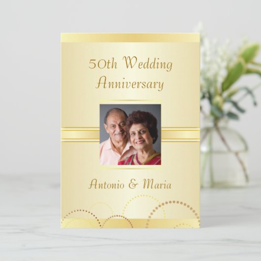 Uitnodigingen 50-jarig jubileumfeest Elegant Goud (Staand voorkant)