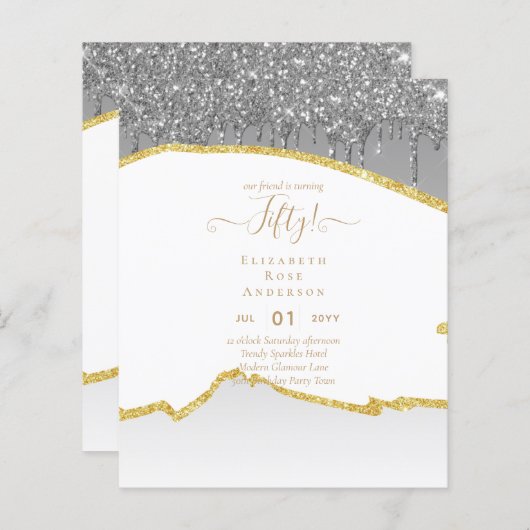 Uitnodigingen 50e verjaardagsfeest Glitters Glamou (Voorkant / Achterkant)