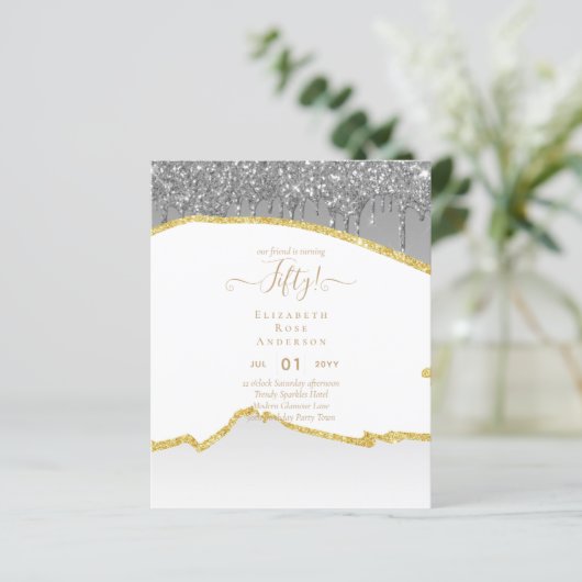 Uitnodigingen 50e verjaardagsfeest Glitters Glamou (Staand voorkant)