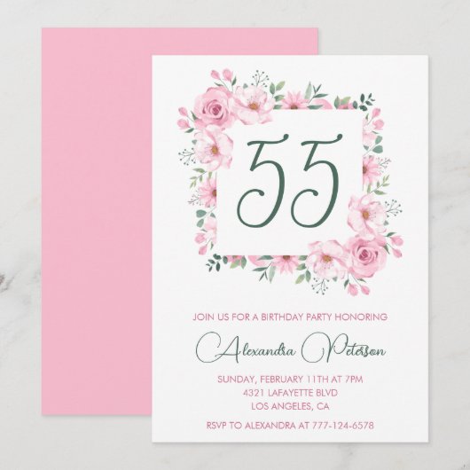 Uitnodigingen 55e verjaardag Bloemig Elegant Roze (Voorkant / Achterkant)
