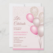 Uitnodigingen 65e verjaardag Ballonnen Roze Confet (Voorkant)