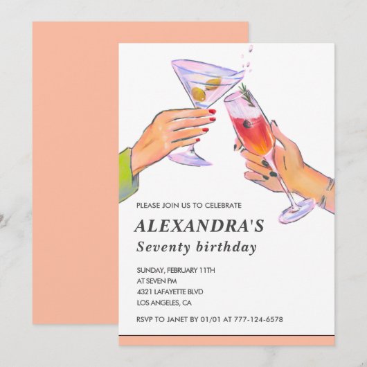 Uitnodigingen 70ste verjaardag Cocktail Party Chic (Voorkant / Achterkant)