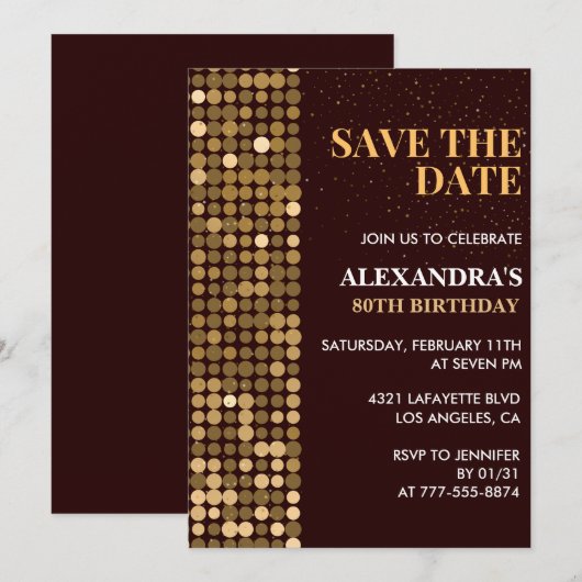 Uitnodigingen 80ste verjaardag Save the date Goud (Voorkant / Achterkant)