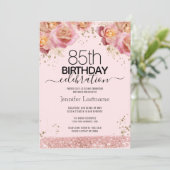Uitnodigingen 85e verjaardag Roze Glitters Bloemen (Staand voorkant)