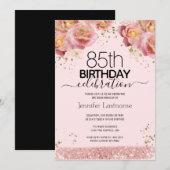 Uitnodigingen 85e verjaardag Roze Glitters Bloemen (Voorkant / Achterkant)