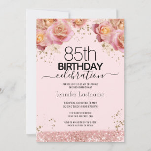 Uitnodigingen 85e verjaardag Roze Glitters Bloemen