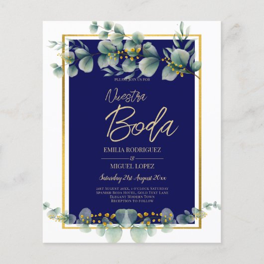 Uitnodigingen De Boda Elegantes Marine Blauw Goud Flyer (Voorkant)