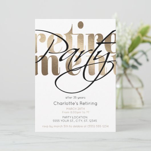 Uitnodigingen Golden Glam Retirement Party (Staand voorkant)