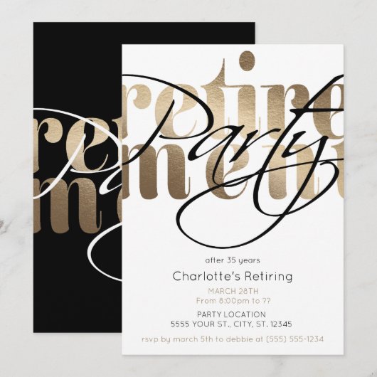Uitnodigingen Golden Glam Retirement Party (Voorkant / Achterkant)
