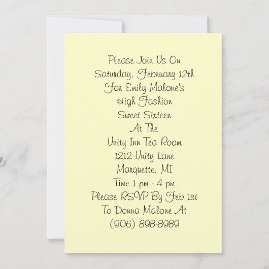 Uitnodigingen Hoogste Mode Sweet Zestien-partijthe (Achterkant)
