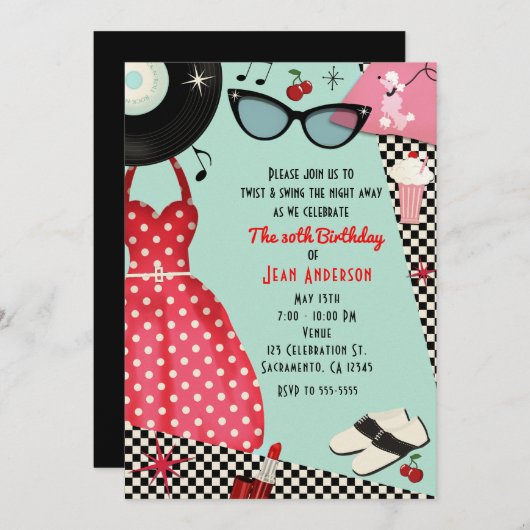 Uitnodigingen in retro stijl jaren 50 (Voorkant / Achterkant)