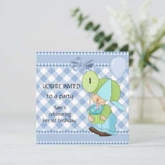 Uitnodigingen jongens 1e verjaardag Blauw Wit Ging (Staand voorkant)