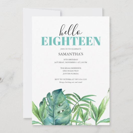 Uitnodigingen Luau Feest Waterverf 18e Verjaardag (Voorkant)