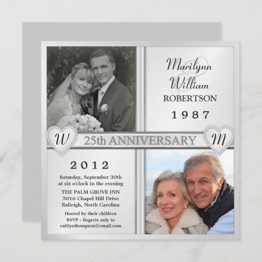 Uitnodigingen met foto en harten voor 25-jarig huw (Voorkant / Achterkant)