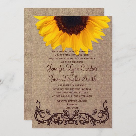 Uitnodigingen op het Rustic Country Sunflower Wedd (Voorkant / Achterkant)