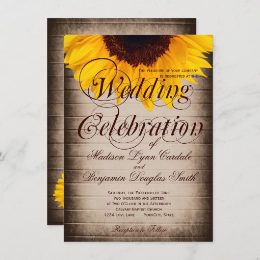 Uitnodigingen op het Rustic Country Sunflower Wedd (Voorkant / Achterkant)