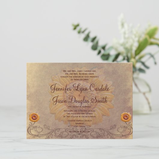 Uitnodigingen op het Rustic Country Sunflower Wedd (Staand voorkant)