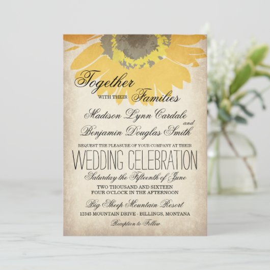 Uitnodigingen op het Rustic Country Sunflower Wedd (Staand voorkant)