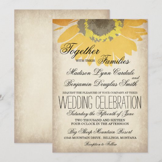 Uitnodigingen op het Rustic Country Sunflower Wedd (Voorkant / Achterkant)