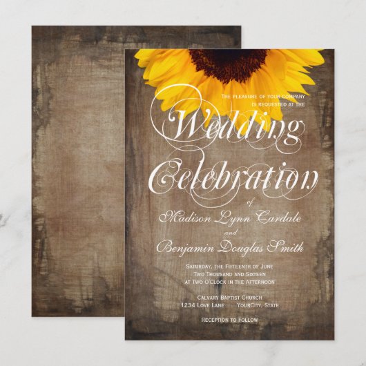 Uitnodigingen op het Rustic Country Sunflower Wedd (Voorkant / Achterkant)