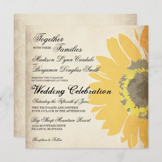 Uitnodigingen op het Rustic Country Sunflower Wedd (Voorkant / Achterkant)