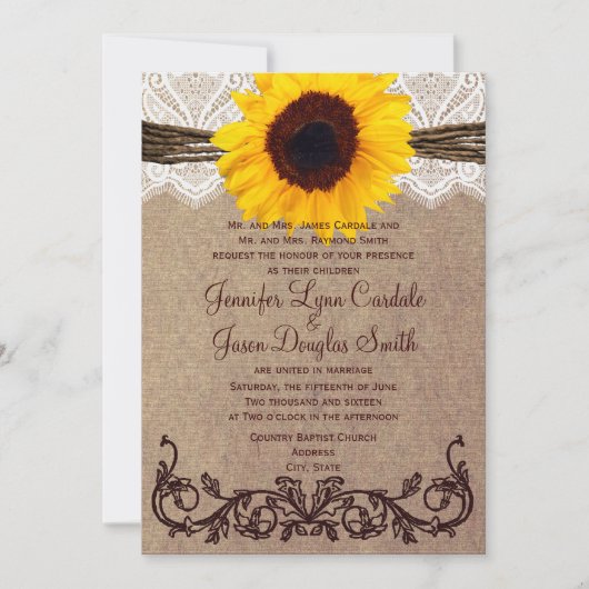 Uitnodigingen op het Rustic Country Sunflower Wedd (Voorkant)