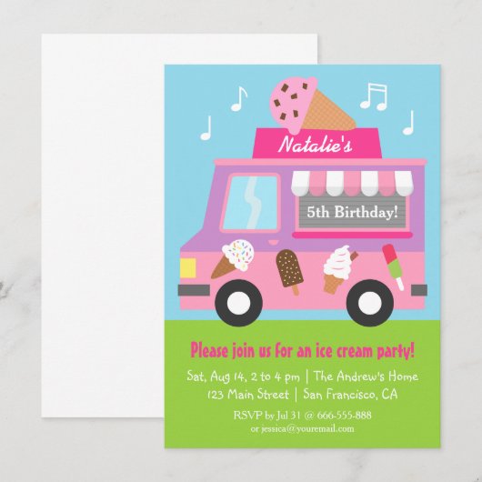 Uitnodigingen Paarse Ice Cream Truck Birthday Part (Voorkant / Achterkant)