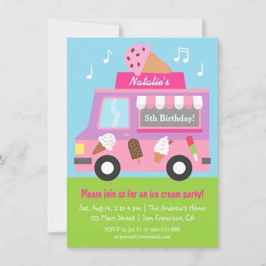 Uitnodigingen Paarse Ice Cream Truck Birthday Part (Voorkant)