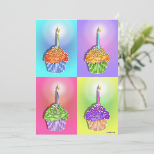 Uitnodigingen - Pop Art Birthday Cupcakes (Staand voorkant)