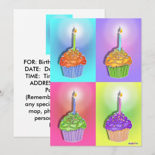 Uitnodigingen - Pop Art Birthday Cupcakes (Voorkant / Achterkant)