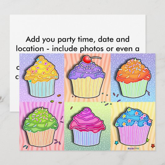 Uitnodigingen - Pop Art Cupcakes (Voorkant / Achterkant)